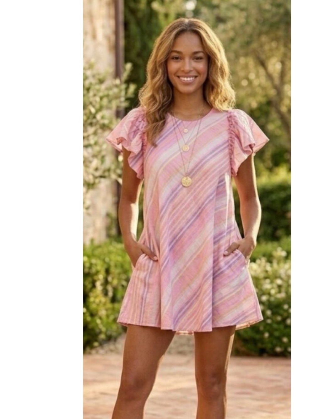 Free People Yara Madras Mini Dress Women's Medium Blue Pink Ruffled Sleeve Boho